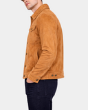 Men's Real Suede Trucker Harrington Jacket Daryl Dynamo Tan - side model view