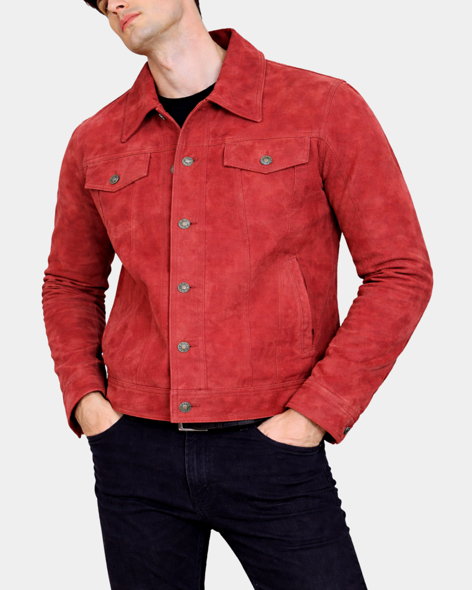 Men's Real Suede Trucker Harrington Jacket Daryl Infinite Burgundy - front closed model view