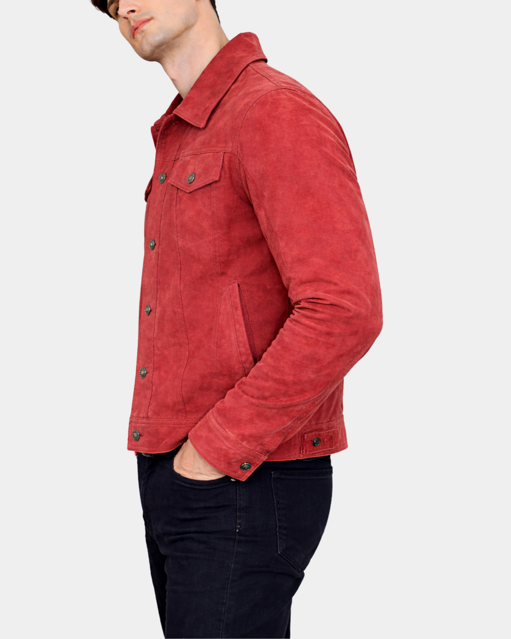 Men's Real Suede Trucker Harrington Jacket Daryl Infinite Burgundy - side model view
