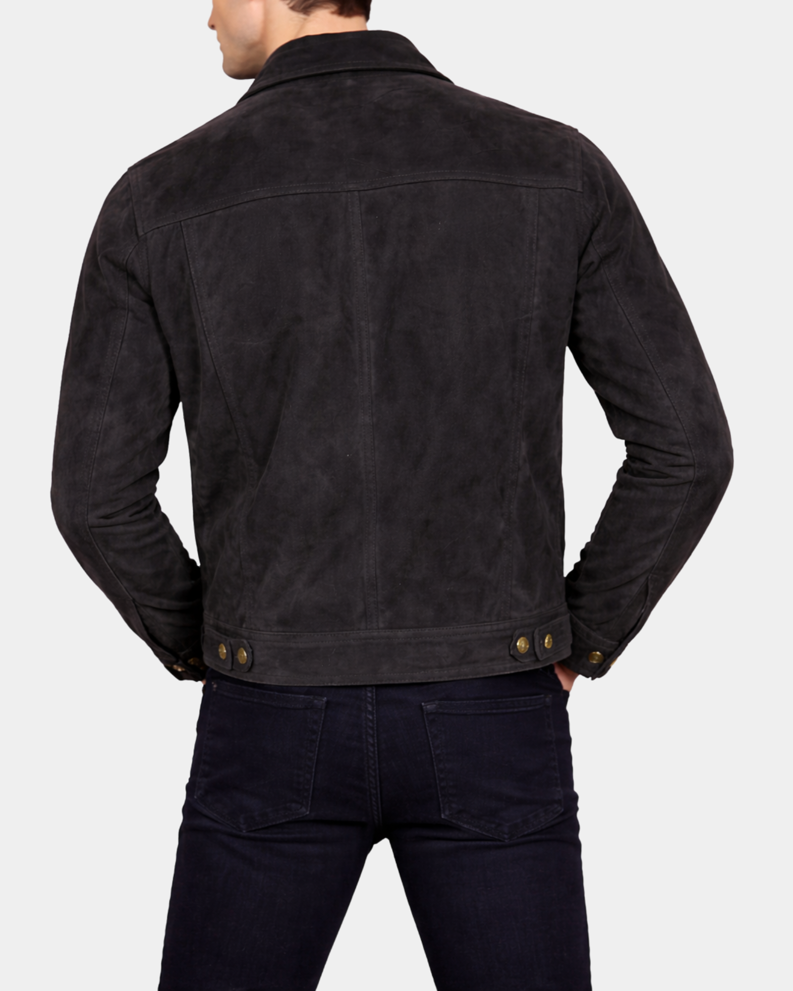 Men's Real Suede Trucker Harrington Jacket Daryl Nova Black - back model view