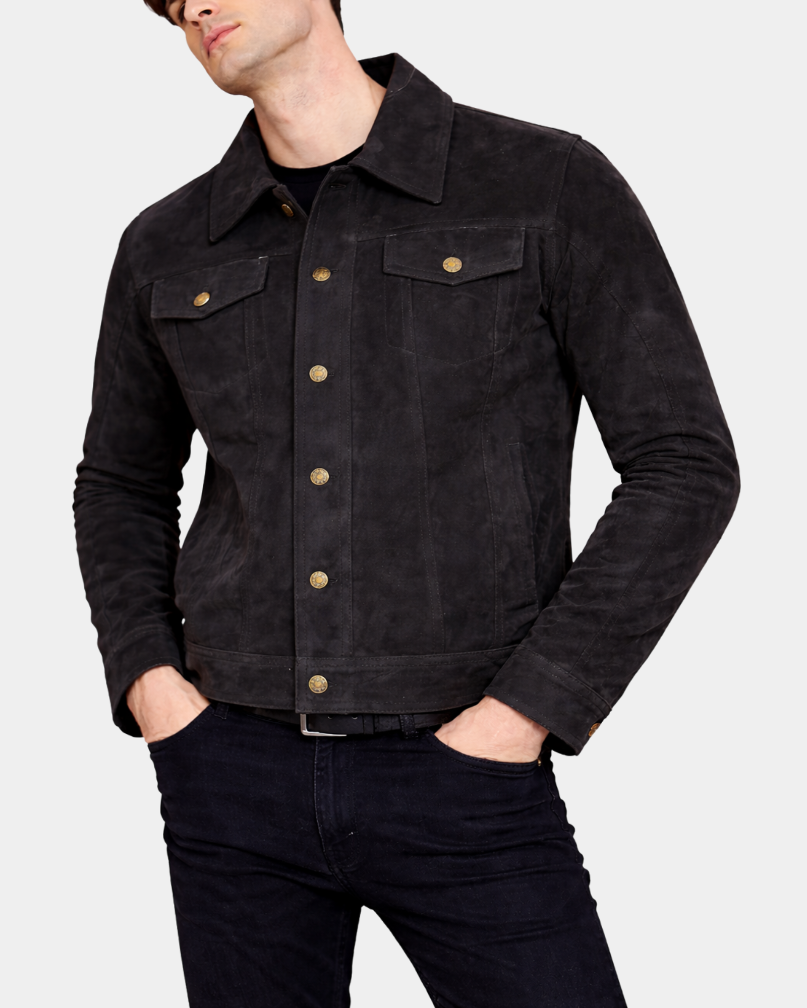 Men's Real Suede Trucker Harrington Jacket Daryl Nova Black - front closed model view