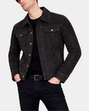 Men's Real Suede Trucker Harrington Jacket Daryl Nova Black - front open model view
