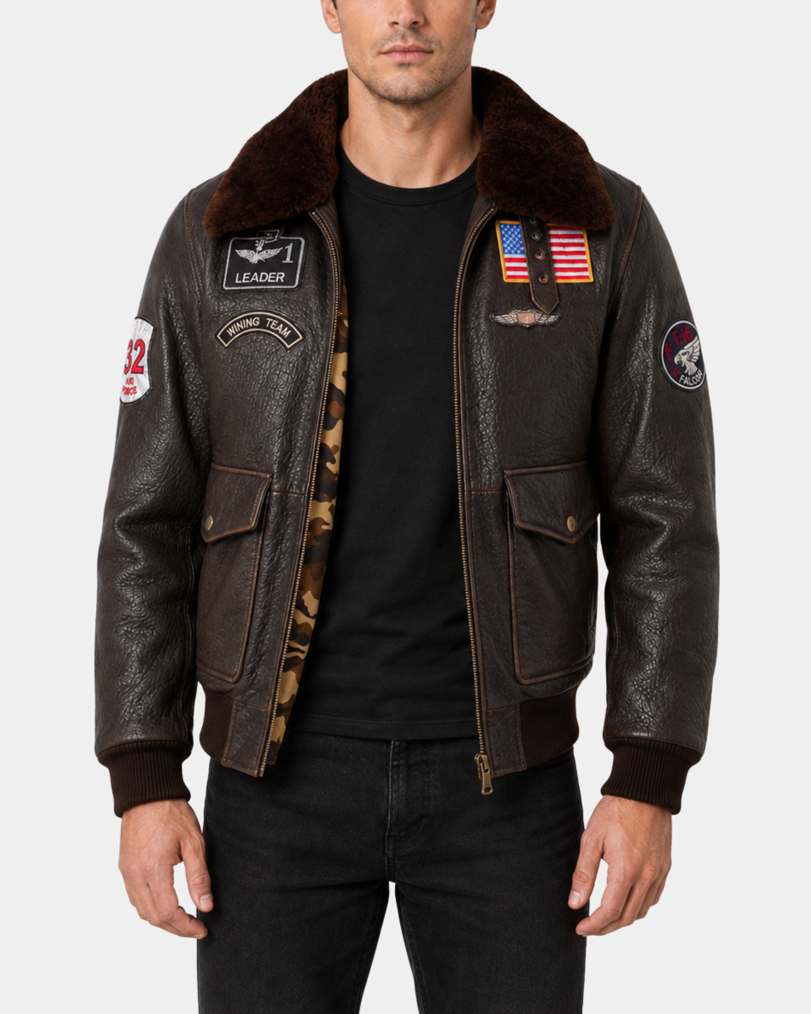 Men's FINCH Zenith Brown G-1 bomber leather jacket front open