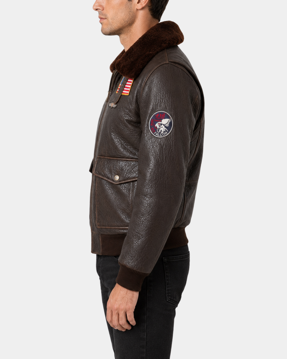 Men's FINCH Zenith Brown G-1 bomber leather jacket side view