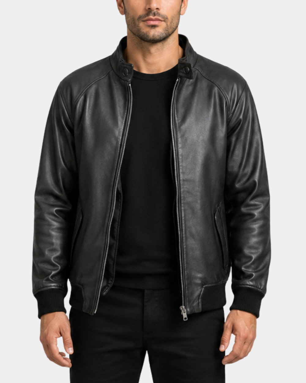 Men's Real Leather Bomber Jacket Raglan Shoulder Francis Nova Black front open