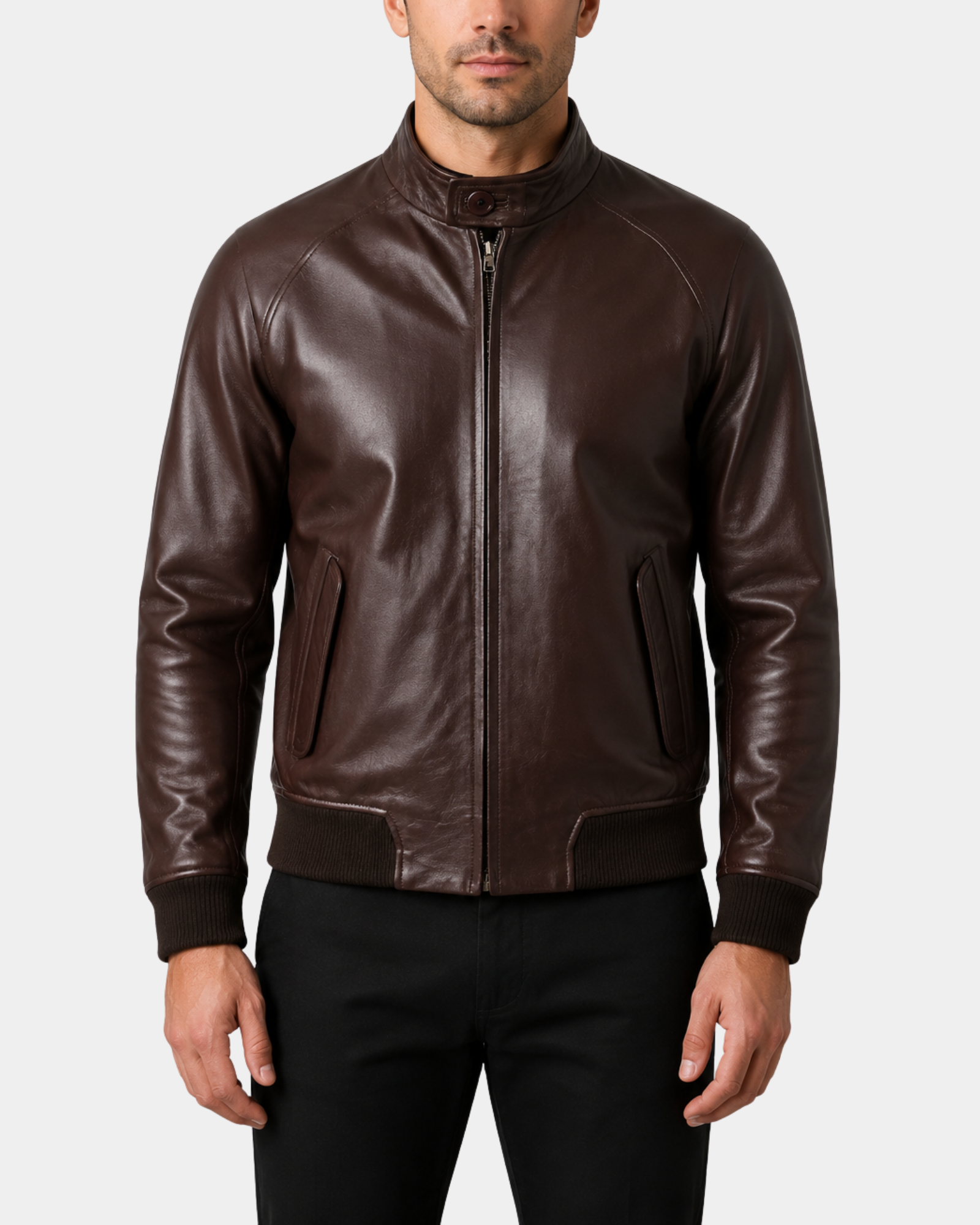 Men's Real Leather Bomber Jacket Raglan Shoulder Francis Zenith Brown front closed
