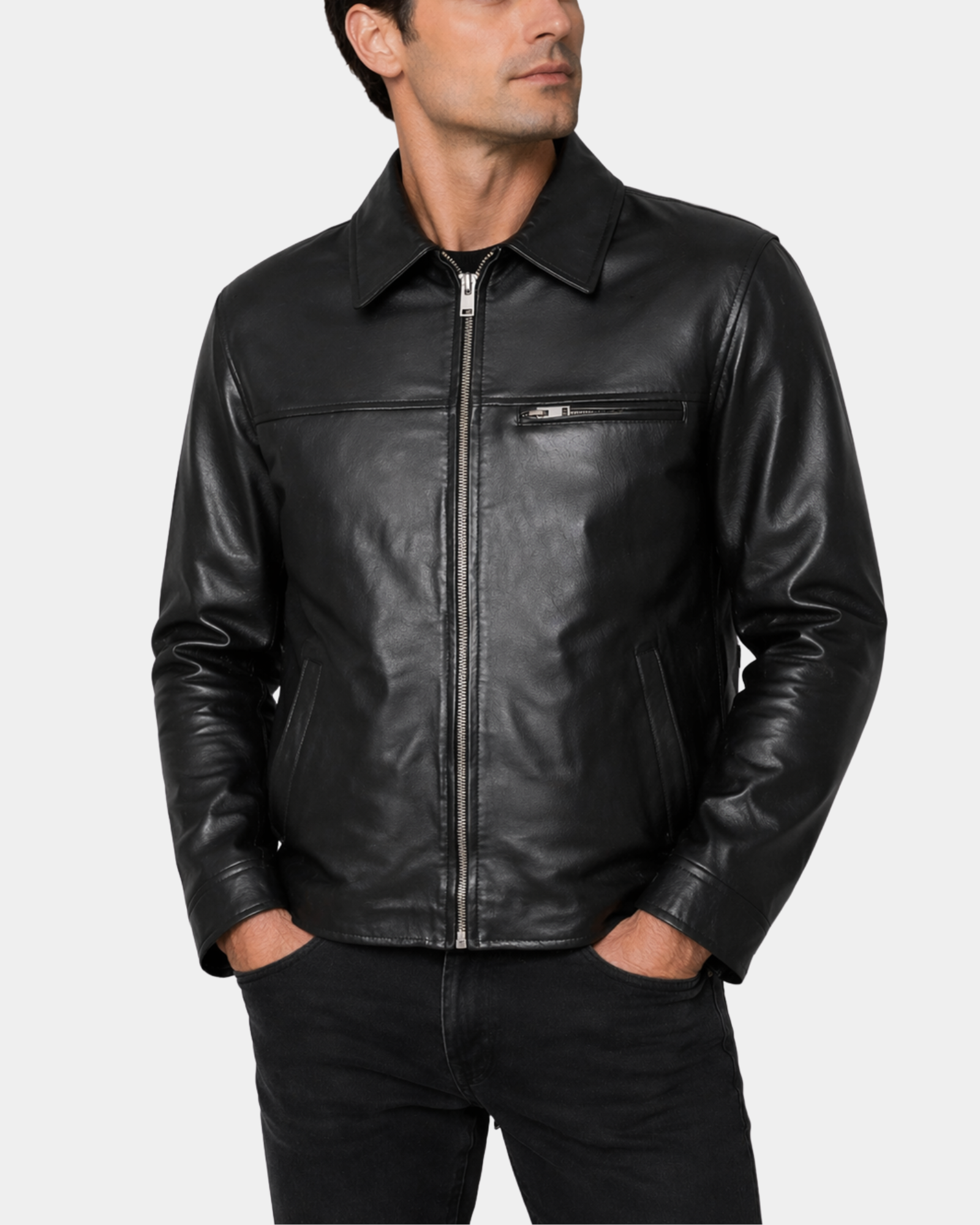 Men's Frank Nova Black soft leather jacket closed-front model view