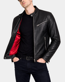 Men's Gerard Nova black leather cafe racer jacket front open view showing red lining