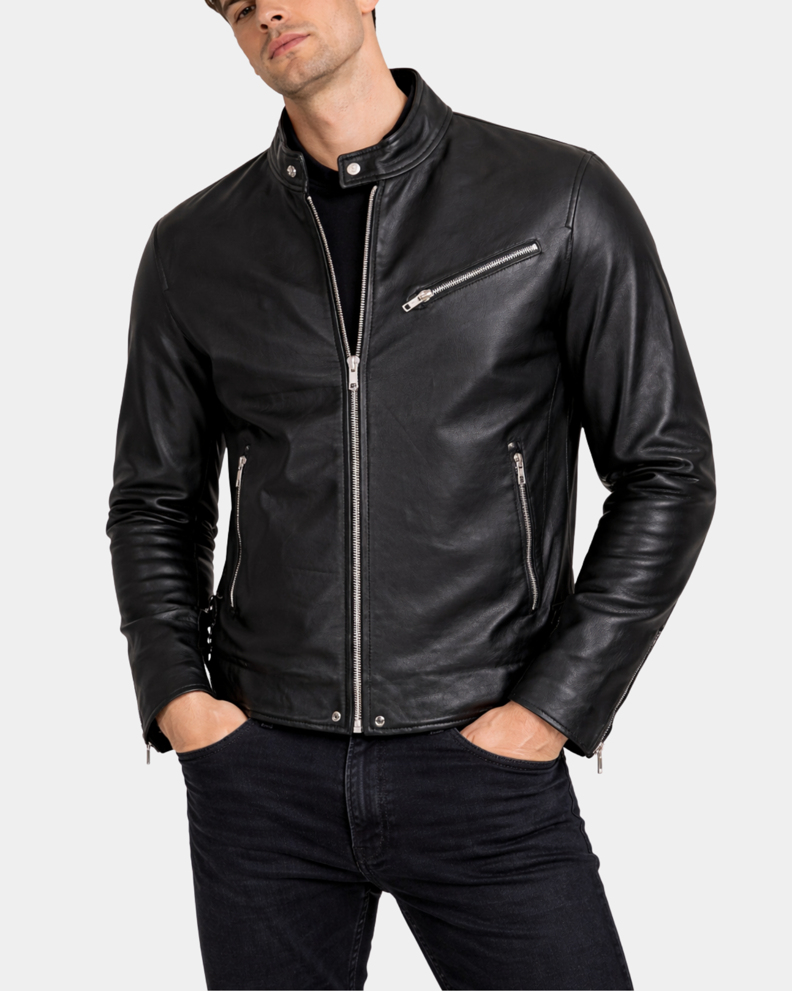Men's Gerard Nova black leather cafe racer jacket front view