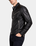 Men's Gerard Nova black leather cafe racer jacket side view with zippered pockets and cuff