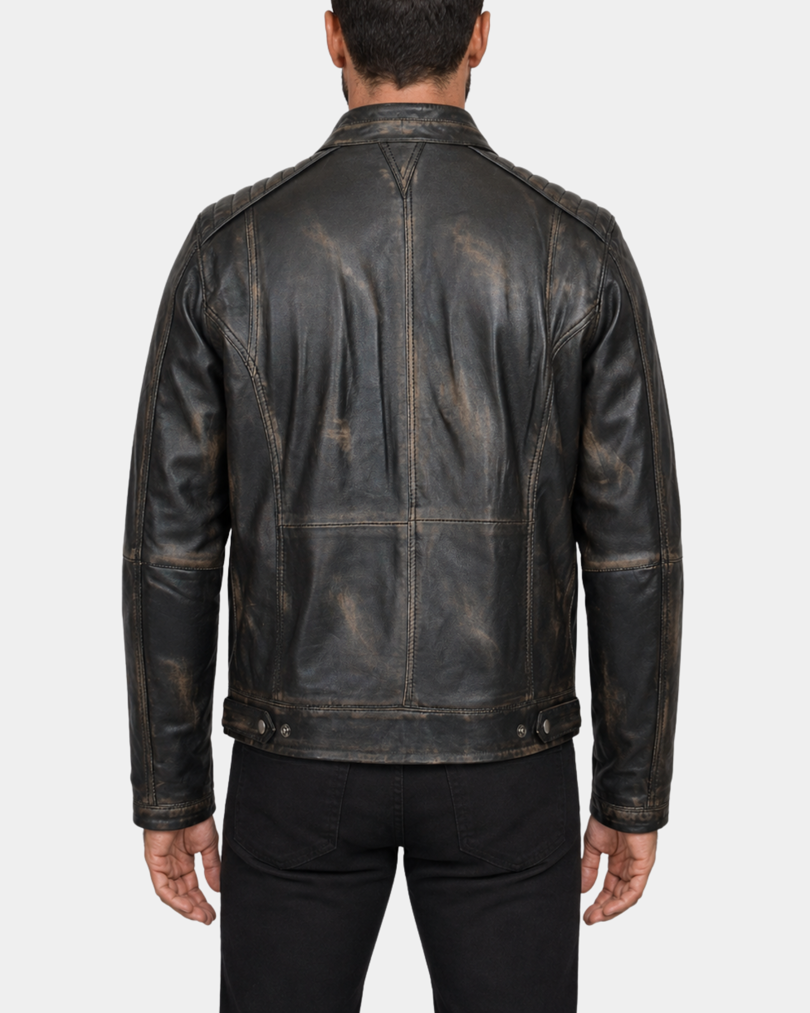 Men's Hugo Paradox Rub Off brown leather biker jacket back view