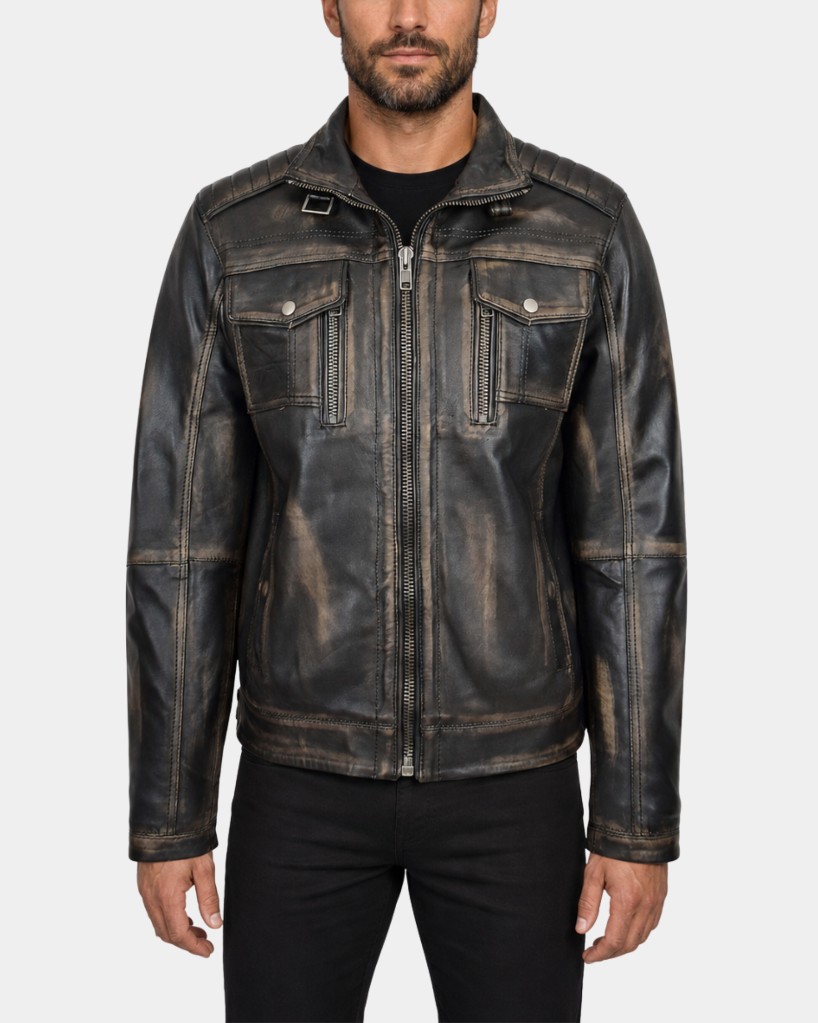 Men's Hugo Paradox Rub Off brown leather biker jacket closed front view