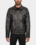 Men's Hugo Paradox Rub Off brown leather biker jacket closed front view
