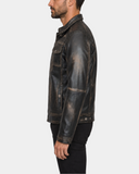 Men's Hugo Paradox Rub Off brown leather biker jacket side view