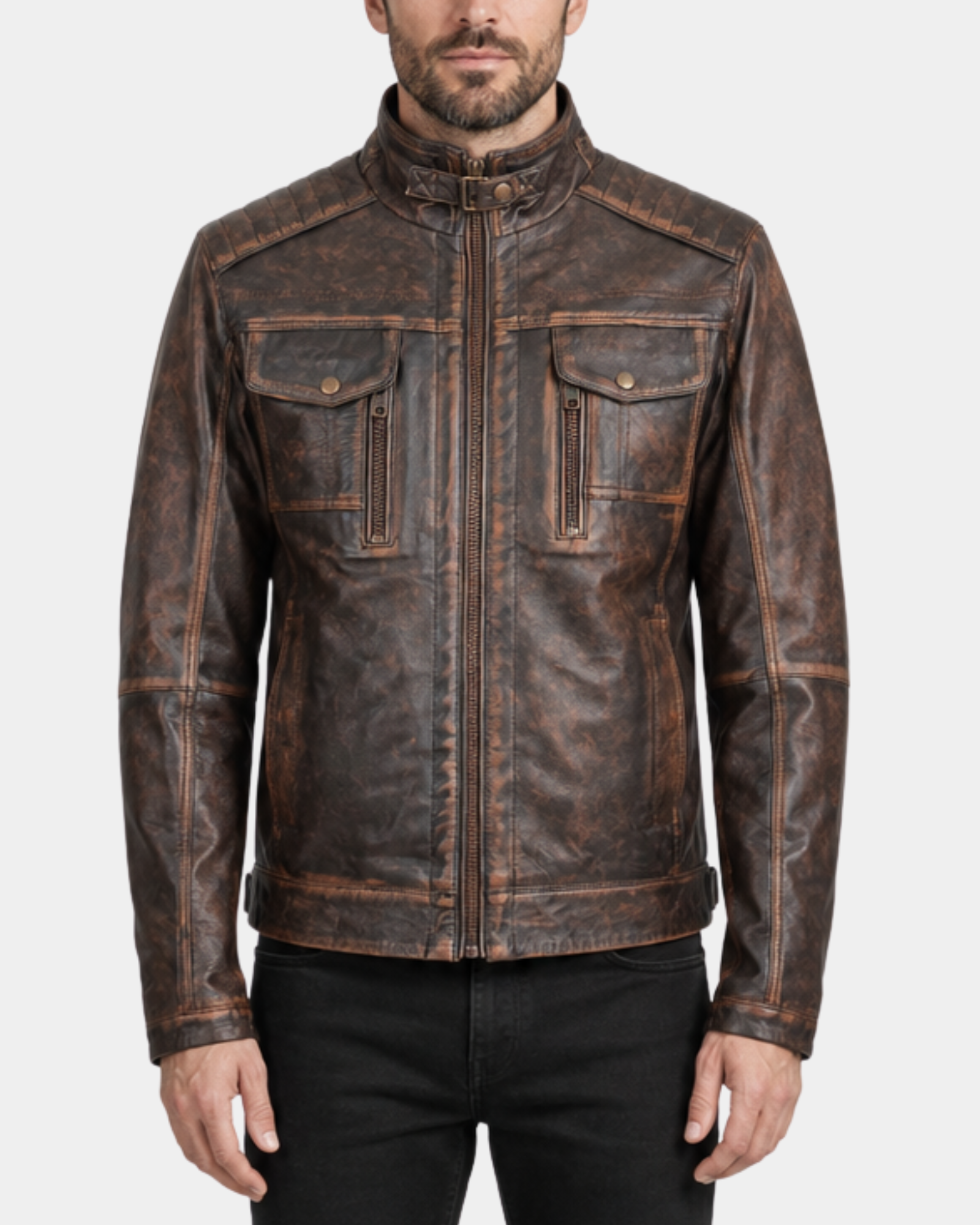Men's Hugo Zenith Brown vintage leather biker jacket closed front view