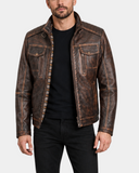 Men's Hugo Zenith Brown vintage leather biker jacket open front view