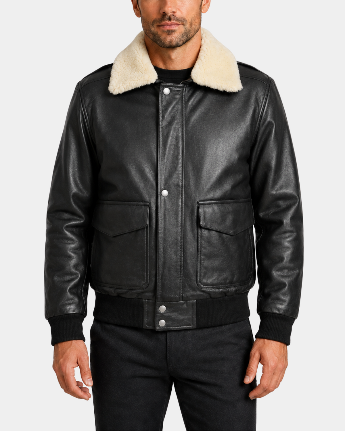 Jarrod Nova Black G-1 aviator leather bomber front closed