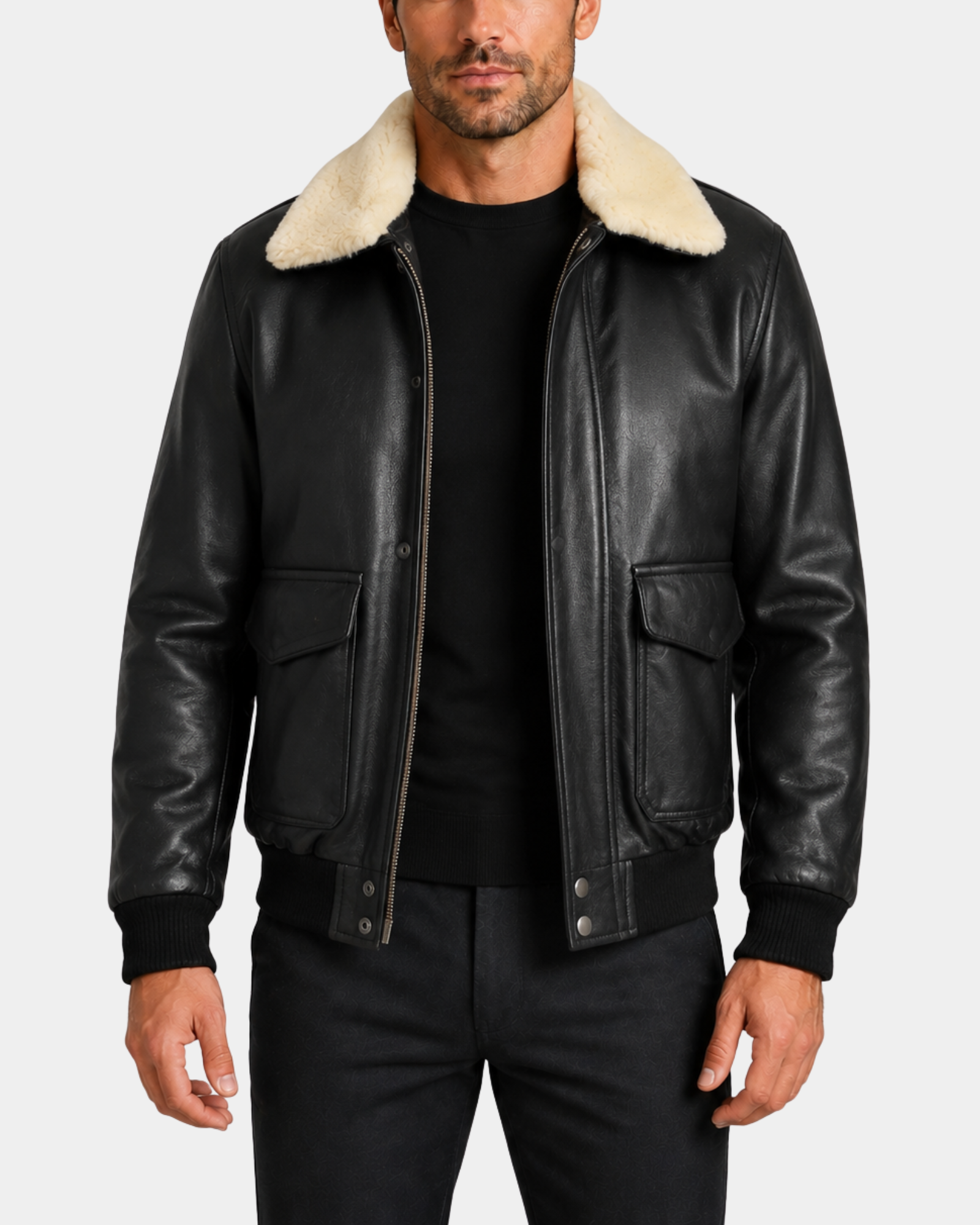 Jarrod Nova Black G-1 aviator leather bomber front open