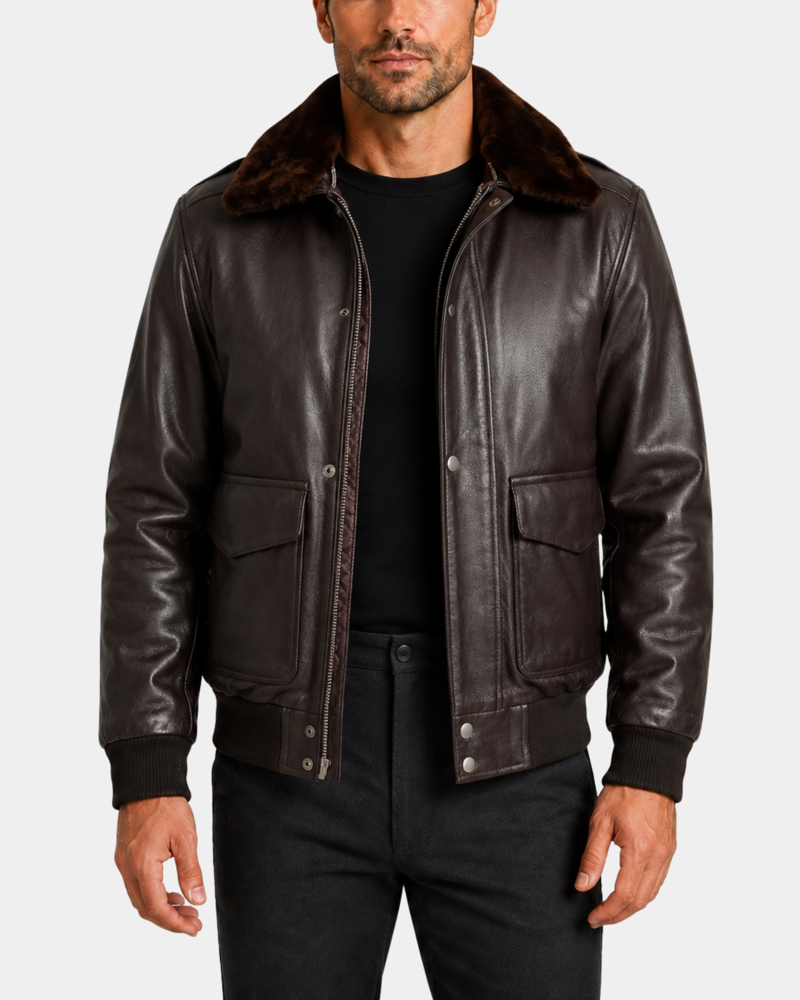 Jarrod Zenith Brown G-1 aviator leather bomber front open