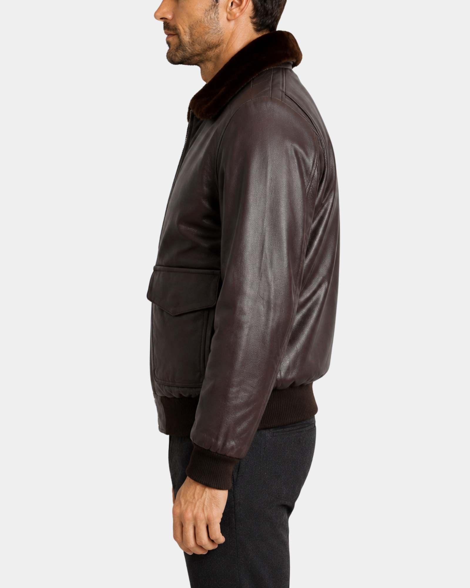 Jarrod Zenith Brown G-1 aviator leather bomber side view