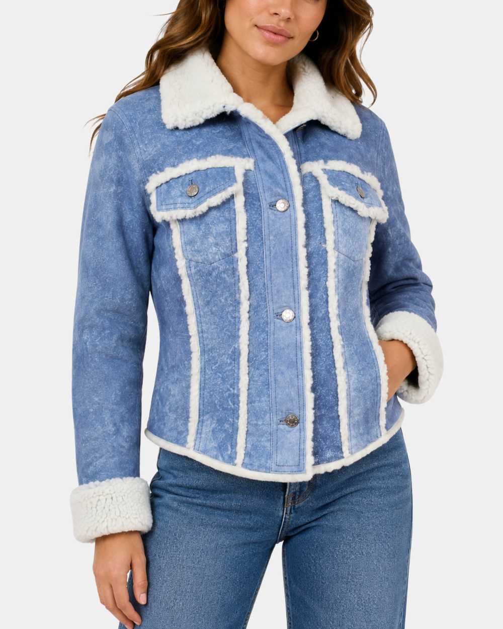Women's Real Sheepskin Trucker Jacket Kylie Denim Radiant Blue - front view close up