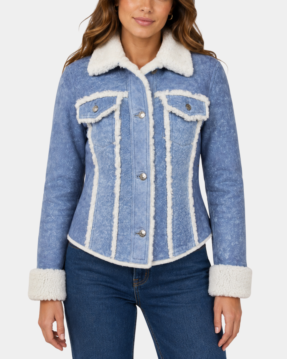 Women's Real Sheepskin Trucker Jacket Kylie Denim Radiant Blue - front view