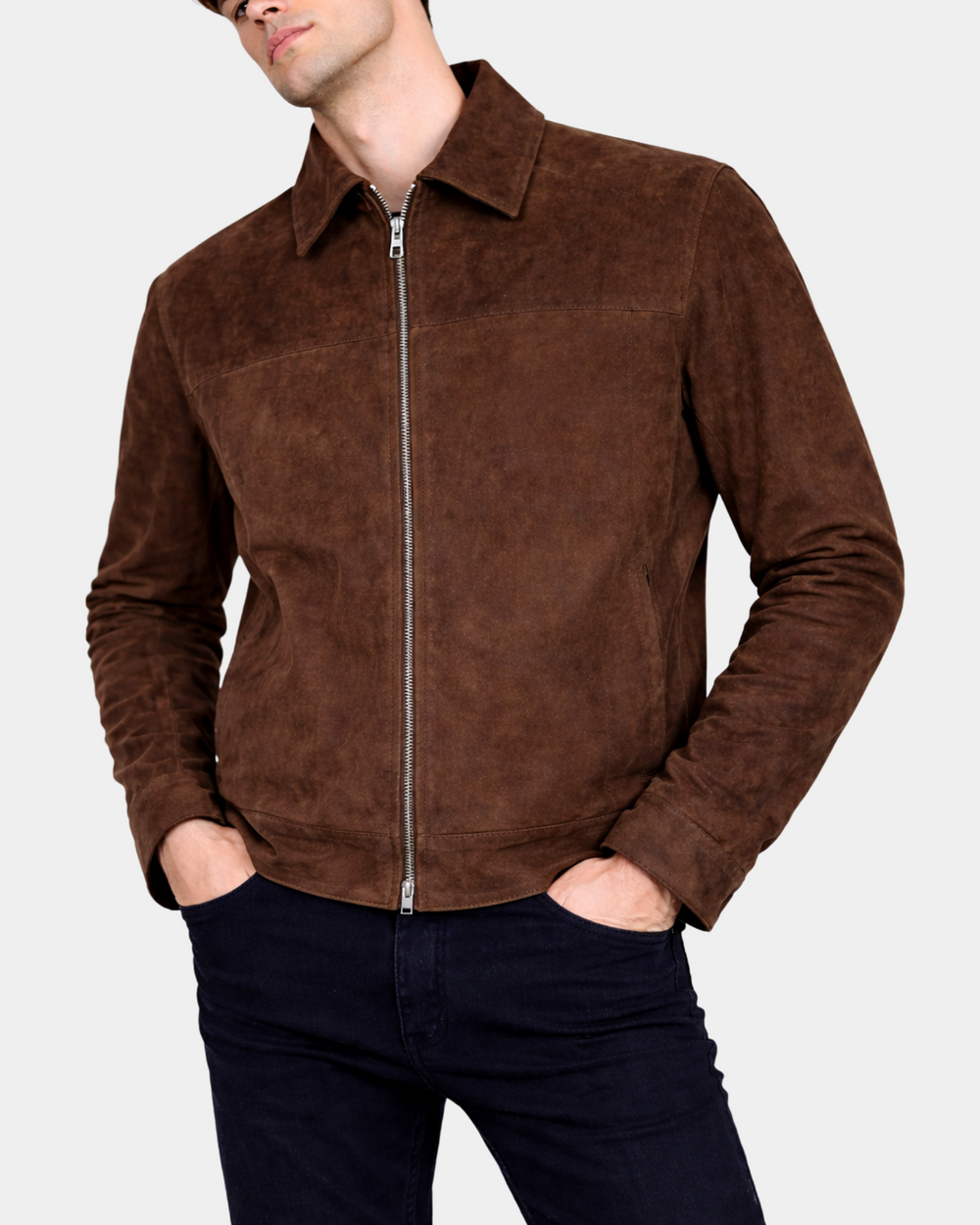Men's Larry Zenith Brown real suede Harrington jacket closed-front view