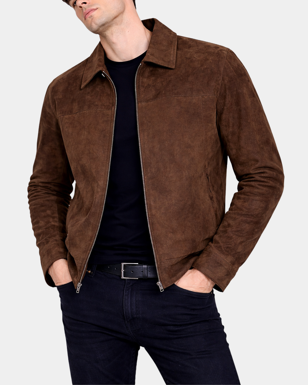 Men's Larry Zenith Brown real suede Harrington jacket open-front view