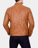 Men's Soft Leather Casual Plain Zip Jacket Matt Dynamo Tan – back view