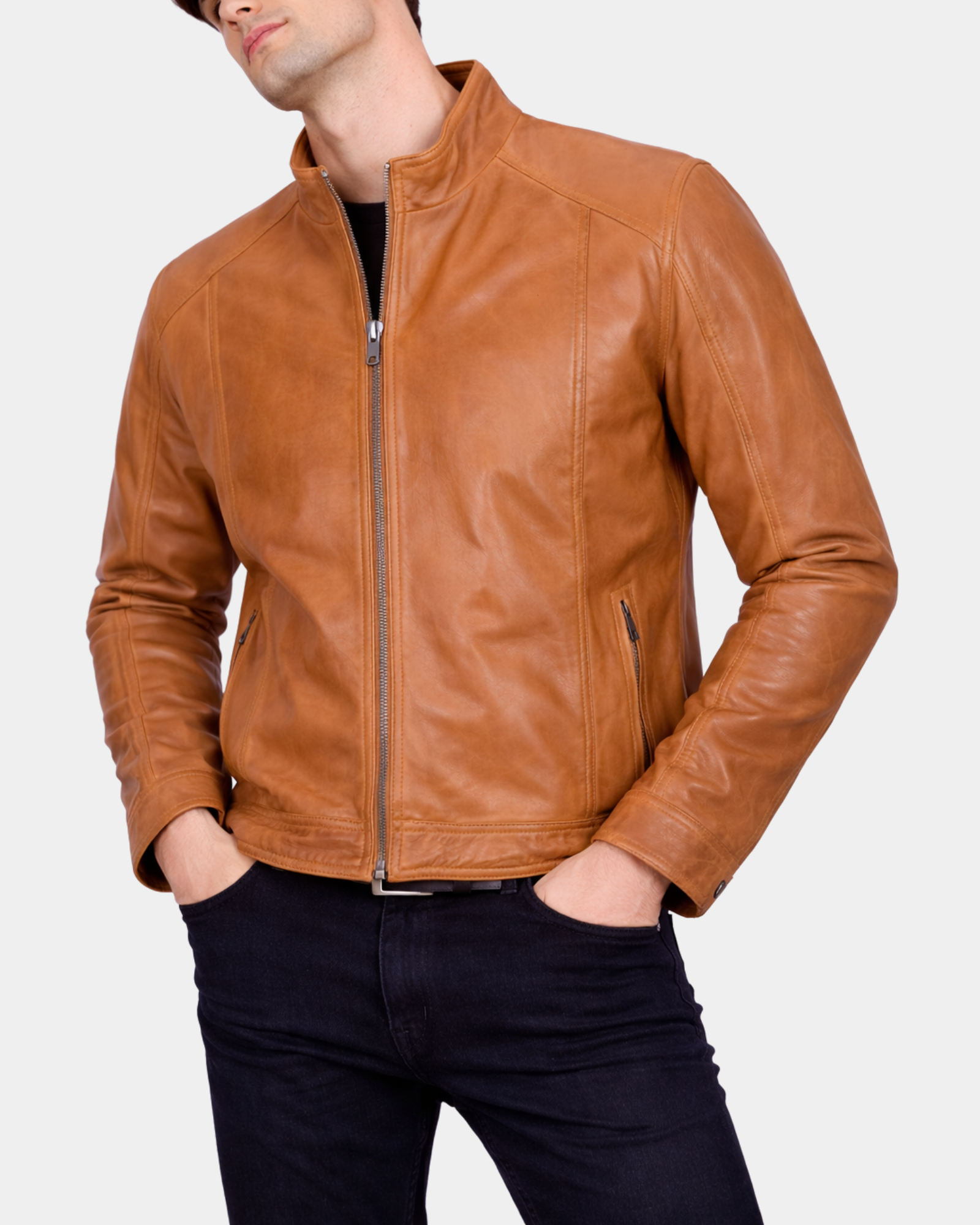 Men's Soft Leather Casual Plain Zip Jacket Matt Dynamo Tan – closed front view