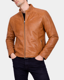 Men's Soft Leather Casual Plain Zip Jacket Matt Dynamo Tan – closed front view