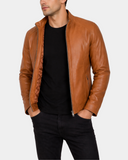Men's Soft Leather Casual Plain Zip Jacket Matt Dynamo Tan – open front view