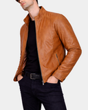 Men's Soft Leather Casual Plain Zip Jacket Matt Dynamo Tan – side open view