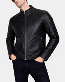 Men's Soft Leather Casual Plain Zip Jacket Matt Nova Black – closed front view