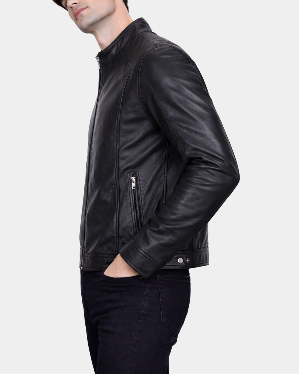 Men's Soft Leather Casual Plain Zip Jacket Matt Nova Black – side view