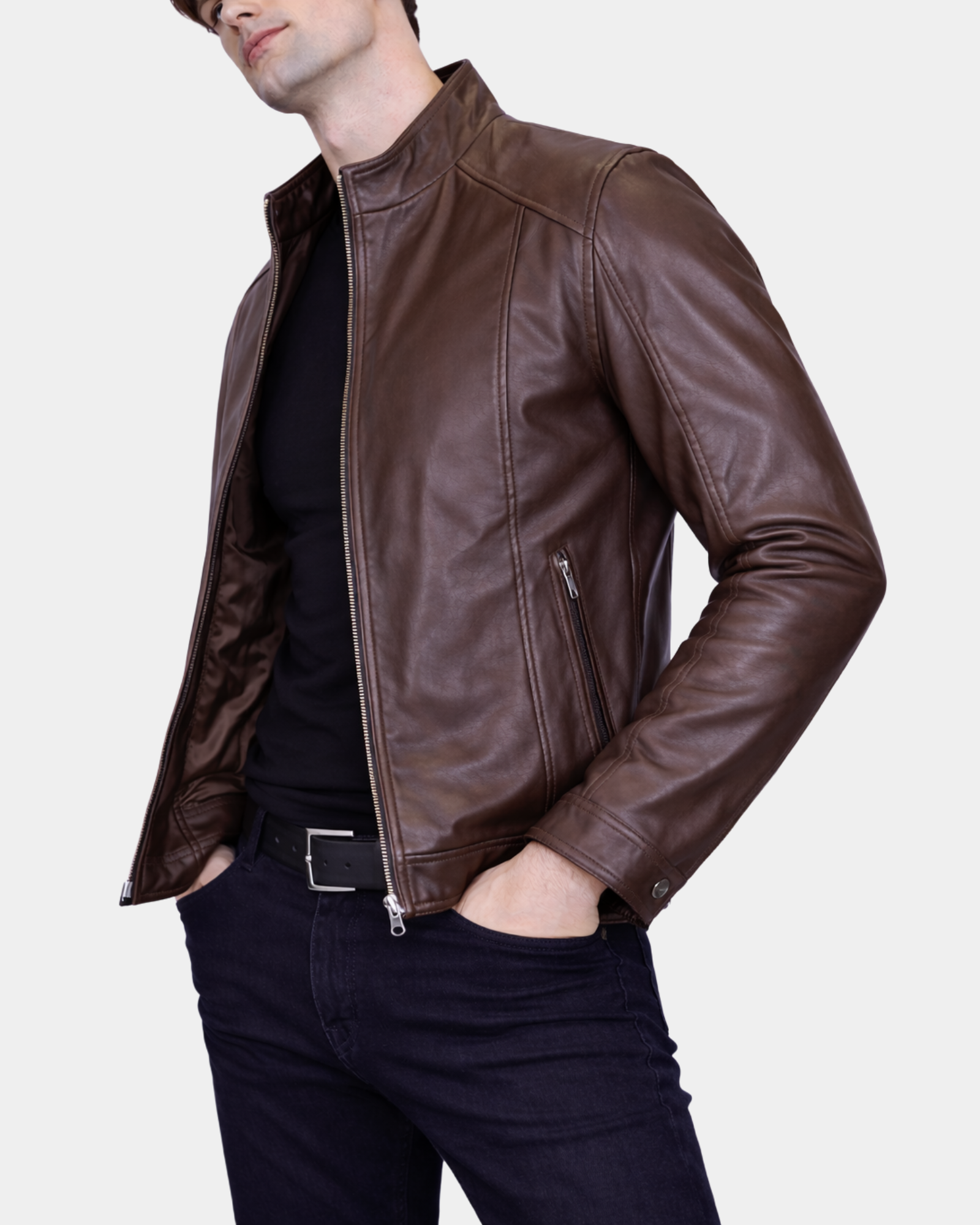 Men's Soft Leather Casual Plain Zip Jacket Matt Zenith Brown – side open view