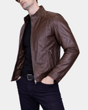 Men's Soft Leather Casual Plain Zip Jacket Matt Zenith Brown – side open view