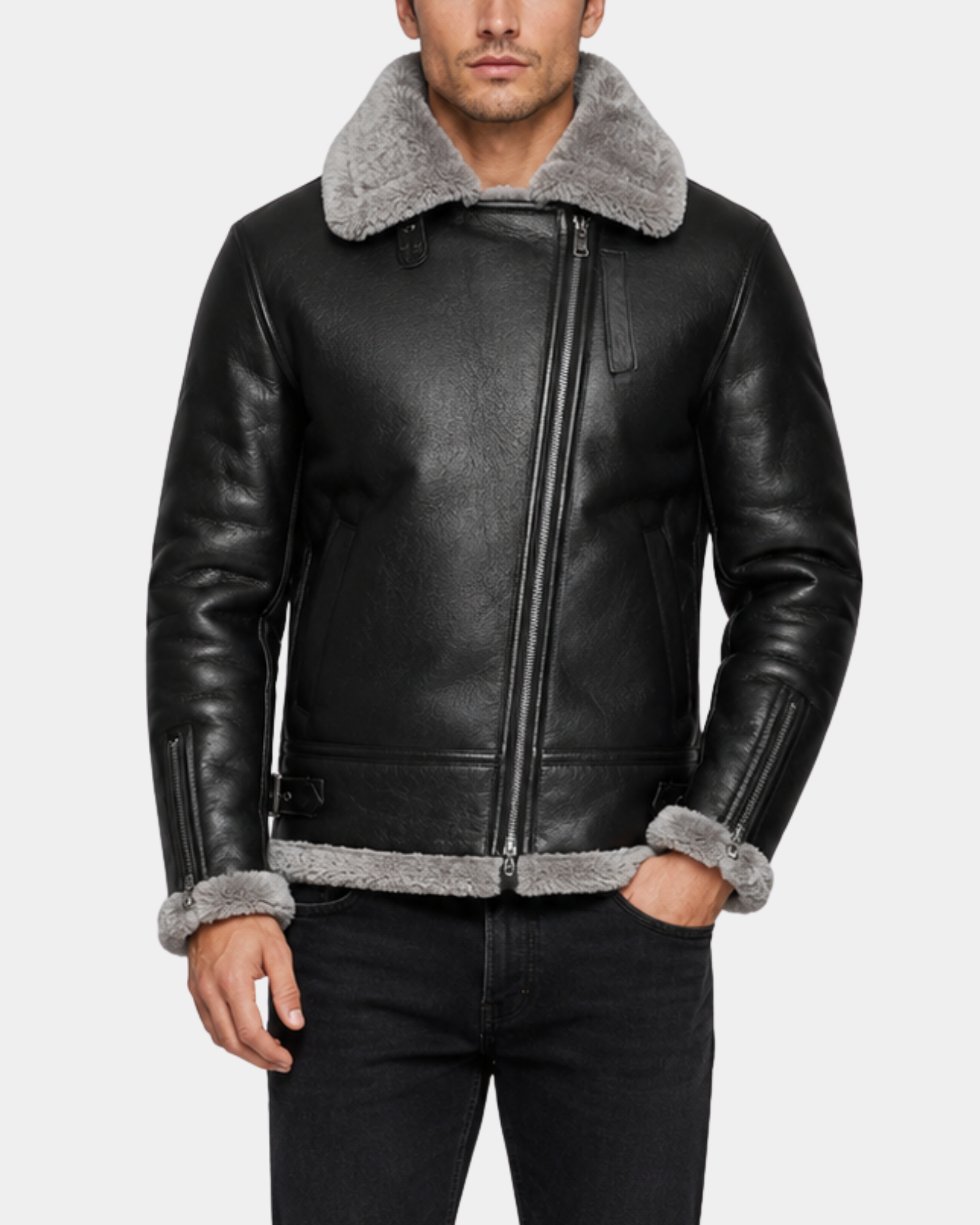 Men’s Black RAF B3 Leather Bomber Jacket front closed view