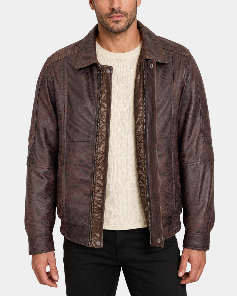 Men's Bomber Leather Jacket Classic Style Jim Brown Nubuck front view with open zipper