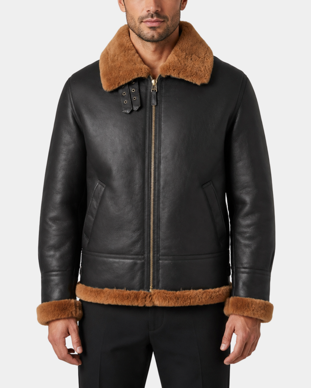 Men's Classic B3 Original Sheepskin Jacket Zenith Brown Ginger front view with closed zipper