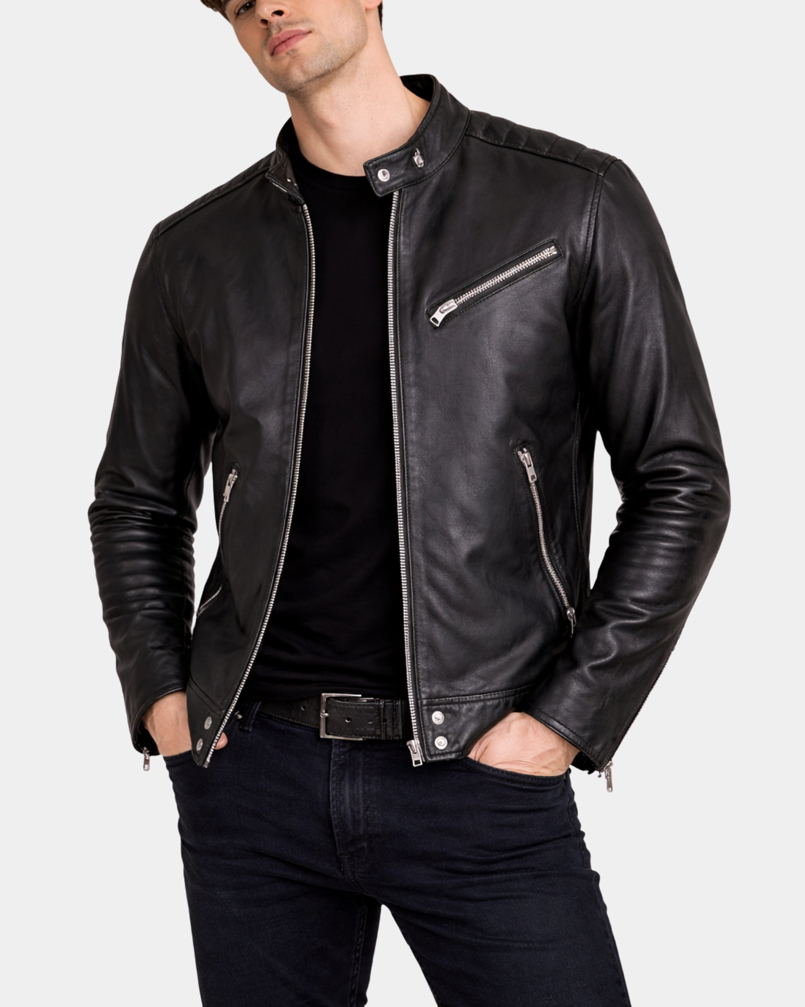 Mens Leather Casual Biker Fashion Jacket Nova Black open front view