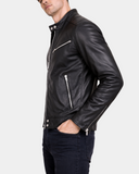 Mens Leather Casual Biker Fashion Jacket Nova Black side view with quilted shoulder and zippered cuff