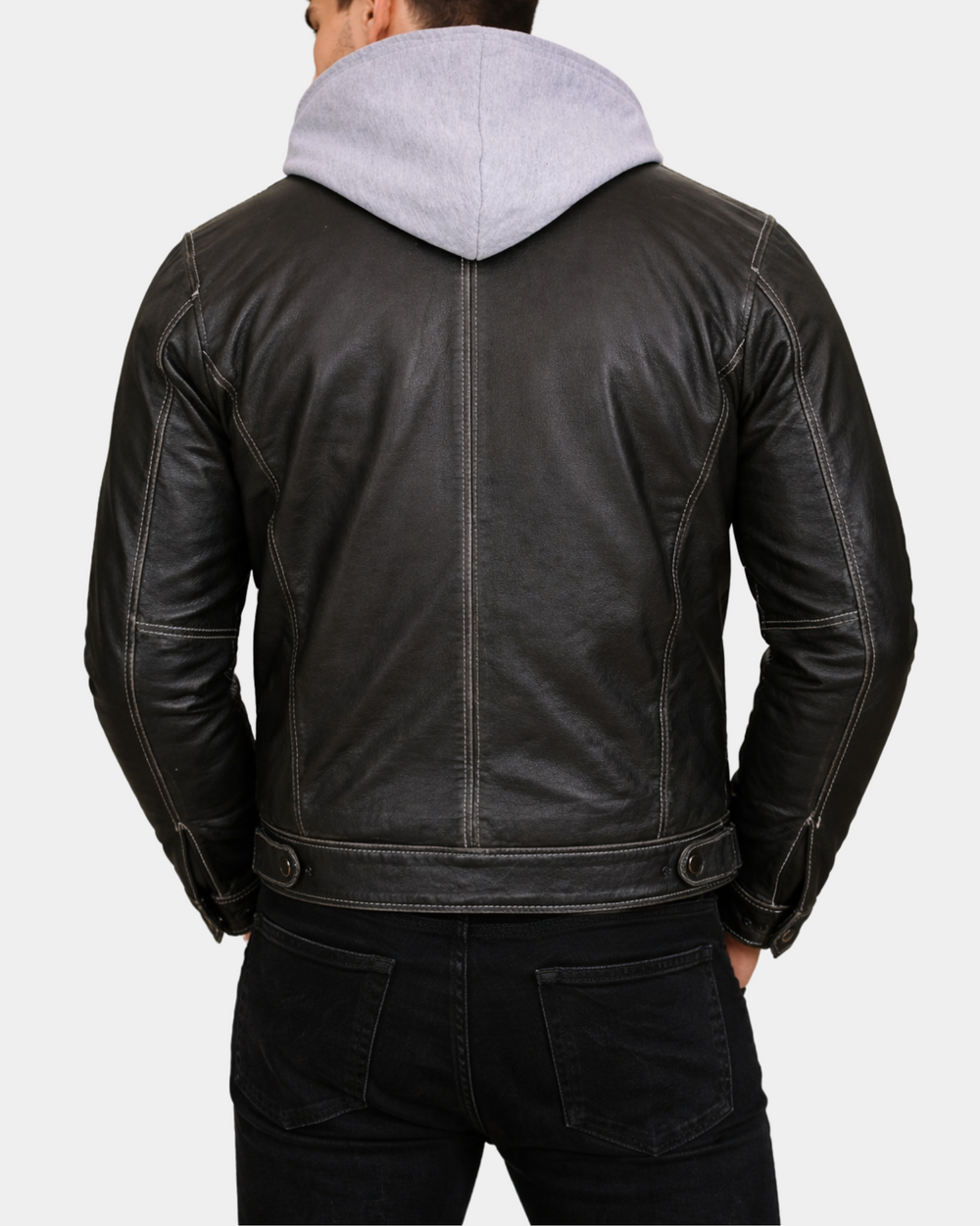 Men's Azure Grey cowhide leather work jacket with detachable hood, back view