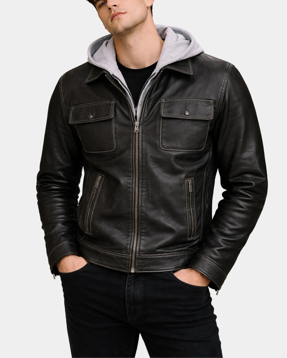 Men's Azure Grey cowhide leather work jacket with detachable grey hood, front view