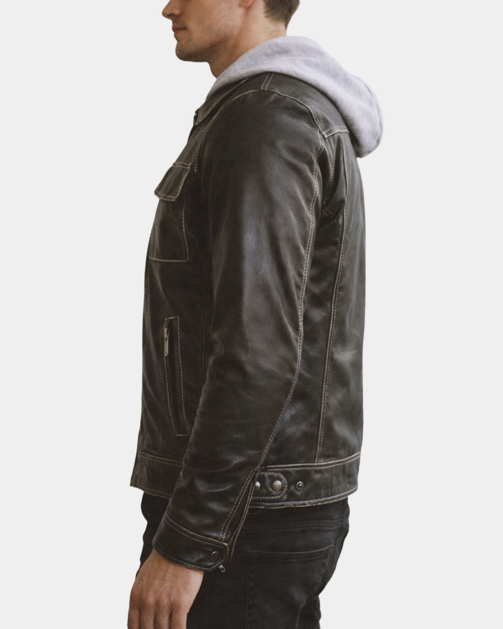 Men's Azure Grey cowhide leather work jacket with detachable hood, side view