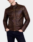 Men's Ricky vintage brown cowhide biker jacket closed front view