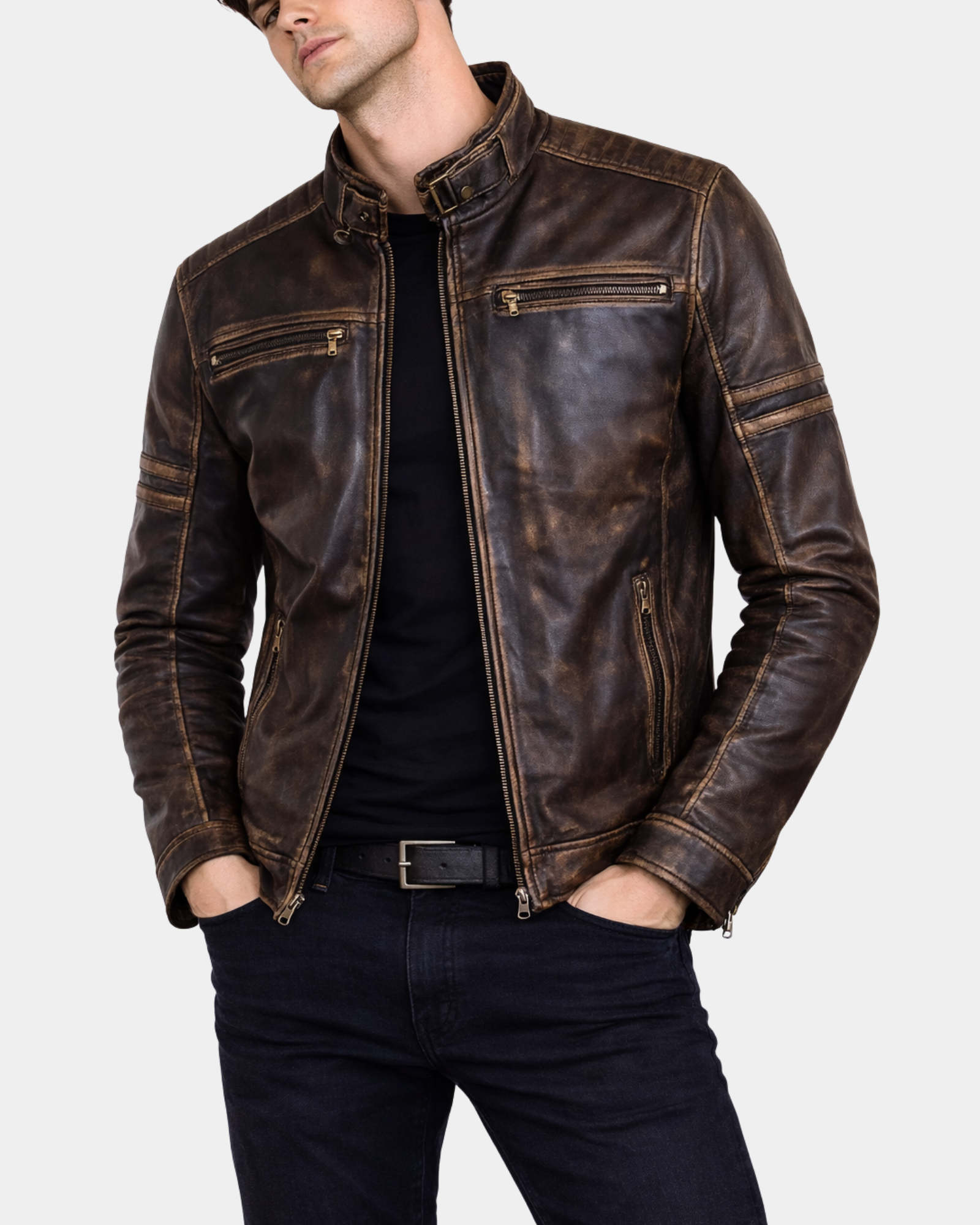 Men's Ricky vintage brown cowhide biker jacket open front view