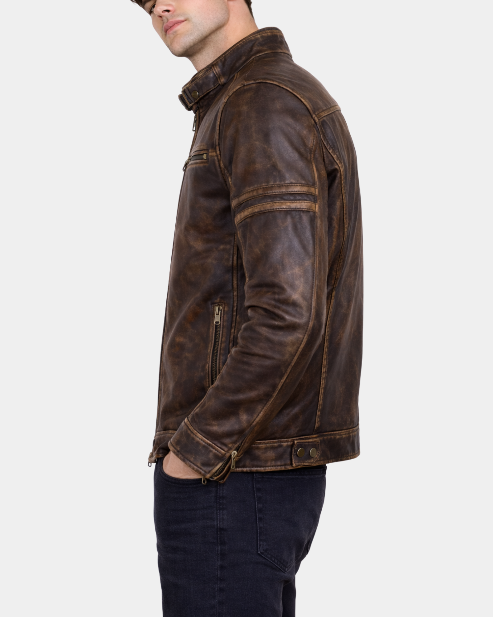 Men's Ricky vintage brown cowhide biker jacket side view