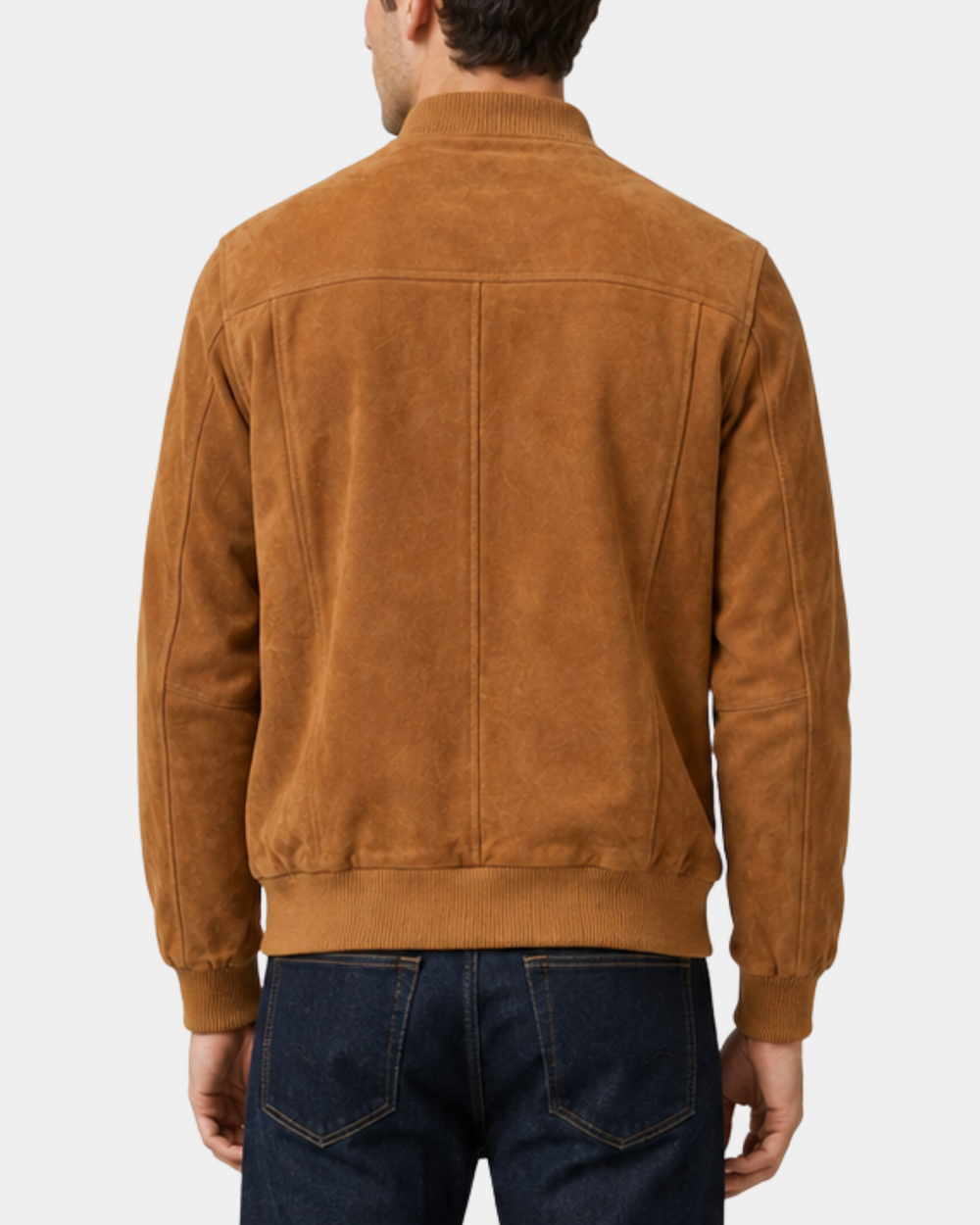 Men's Suede Bomber Varsity Jacket Reg Dynamo Tan back view