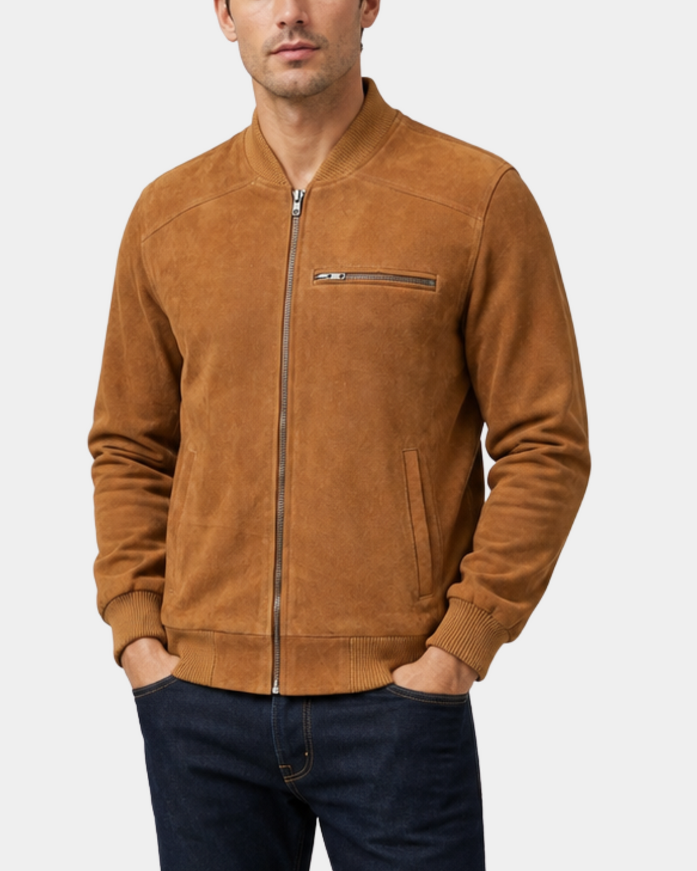 Men's Suede Bomber Varsity Jacket Reg Dynamo Tan front closed